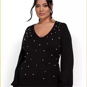 NY&C Pearl-Embellished Pullover Sweater Black Size M